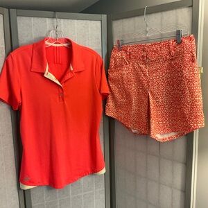 Adidas Ladies Coral/Yellow Polo Shirt and Patterned Shorts Set